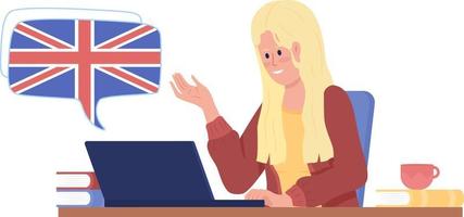 Girl participating in video class of British English semi flat color vector character