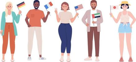 People with country flags semi flat color vector characters