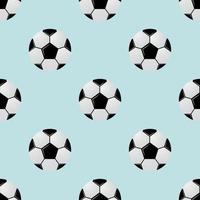 Black and white soccer balls on light blue background. Football seamless pattern. Cartoon sport vector illustration.