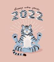 Cute cartoon tiger sitting in lotus pose. Chinese  Symbol of new year 2022. Greeting poster with yoga meditation