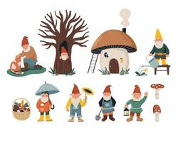 Little gnomes set. Dwarf character with cat, watering can, shovel, sunflower. Cute mushroom house