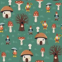 Seamless pattern with different garden gnomes, mushroom house. Cute childrens background vector