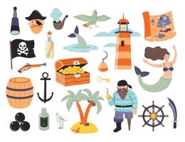 set pirata con personajes, sirena, mapa del tesoro, cofre, faro, catalejo, ron, mosquete, jolly roger, islas palmeras, etc. paquete pirata vector