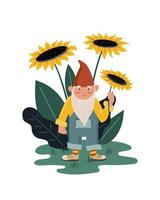 Little gnome or dwarf with sunflowers. Cute children's illustrations vector