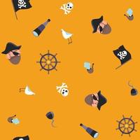 Seamless pirate pattern with jolly roger, portrait of corsair, seagull, spyglass, helm, hook etc. Yo-ho-ho phrase vector