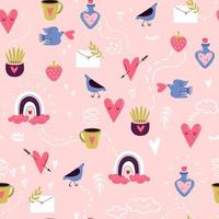 Seamless vector pattern with funny birds and hearts. Romantic love illustration for textile, fabric, backrgound, wrapping. Valentines day