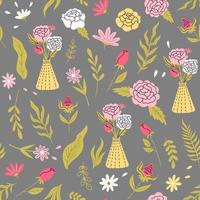 Seamless vector with flowers, leaves and plants. Cute floral, organic illustration for textile, fabric, backrgound, wrapping.