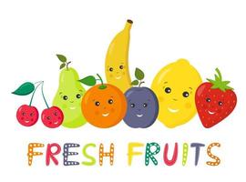 colección de lindas frutas frescas y sonrientes. comida vegetariana. nutrición apropiada. ilustración de estilo de vida saludable para impresión, web. colección de frutas de verano de moda. plátano, limón, pera, naranja, fresa. vector