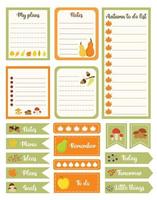 Set of autumn planners and to do lists. Template for agenda, planners, check lists, and other stationery. Note paper with vector autumn Illustrations. Cute stickers and daily planners set.