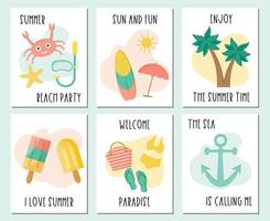 juego de cartas de verano con palmeras, playa, mar, helado. plantilla para carteles, tarjetas, pancartas en redes sociales, historias, publicidad. colección de tarjetas de verano con letras tipográficas. vector