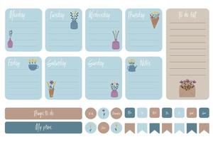 Cute weekly planner, to do list and notes template. Note paper and stickers set with flowers in pastel colors. Template for agenda, schedule, planners, checklists, notepads, postcards and stationery vector