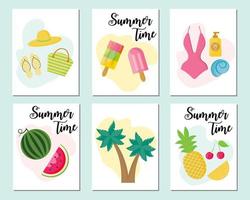 conjunto de lindas tarjetas de verano y afiches con frutas, sandía, helado, cócteles, accesorios de playa, atributos de verano y con palabras tipográficas dibujadas a mano. etiqueta de regalo, tarjeta, postal. vector