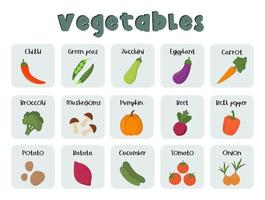 Flashcards for kids with inscription title vegetables. Kids preschool playing, learning activity. Educational cards for the development of logical thinking. Worksheet for preschoolers. vector