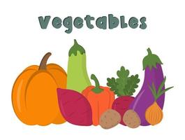 Flashcards for kids with collection of vegetables onion, eggplant, pumpkin, potatoes. Kids preschool playing, learning activity. Worksheet game for kindergarten, pupils and preschool kids. vector