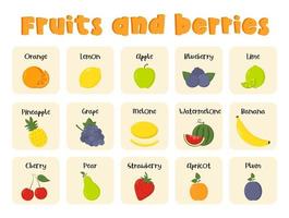 Flashcards for kids with inscription title of fruits and berries. Kids preschool playing, learning activity. Educational cards for the development of logical thinking. Worksheet for preschoolers. vector