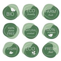 Fresh, organic, vegan, gluten free, eco friendly, locally grown, healthy food stickers. Vegan food logo labels and tags. Collection of natural products signs in hand drawn style. vector