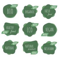 Fresh healthy organic vegan food logo labels and tags. Vector hand drawn illustration. Vegan food sign with leaves. Eco, bio, vegan food stickers template for organic and eco friendly products.