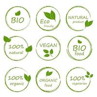 Eco, bio, organic and natural products round sticker, label, frame, badge and logo. Set of eco friendly green badges design. Collection of vegan ,bio, organic food, gluten free, and natural products. vector