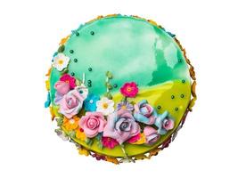 Top view Lemon jam and Green apple jam cake decorations with Colorful Icing fruits photo