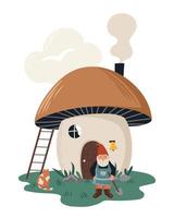 Little gnome or dwarf with a shovel and cat near the mushroom house. Cute children's illustrations vector