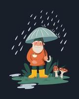 Little gnome or dwarf with umbrella in the rain. Cute children's illustrations vector