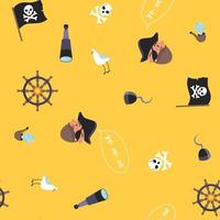 Seamless pirate pattern with jolly roger, portrait of corsair, seagull, spyglass, helm, hook etc. Yo-ho-ho phrase