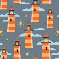 Seamless vector pattern with lighthouse and clouds. Stylish kids backgrounfd