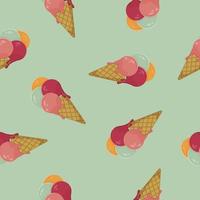 Dripping Ice Creams in Waffle Cones on Vintage Green Background, Seamless Pattern vector