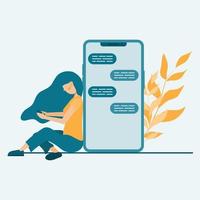 Woman with smartphone, woman sitting against big mobile phone with speech bubbles in chat, virtual relationship, premium vector