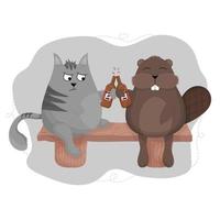 gato gruñón gris con un castor bebiendo cerveza canadiense, día de canadá, divertido, vector