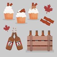 3 pastelitos con tocino y jarabe de arce, tiras de tocino y cerveza en una caja, vector, canadá vector