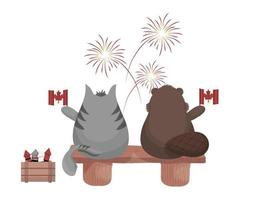 gato gruñón gris y castor viendo fuegos artificiales en el día de Canadá, vector