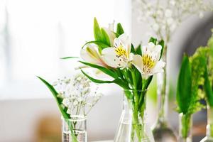 Beautiful spring flowers in a vases on light background photo