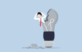 Loss of creative ideas in business, burnout from overwork, afraid of business failure concept. Stressed businessman holding head and stucking inside broken light bulb. vector