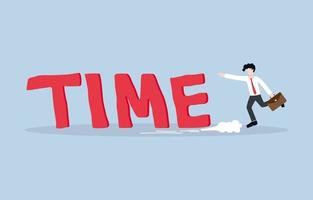 gestión del tiempo o cuenta regresiva del tiempo, fecha límite comercial o concepto de eficiencia del tiempo de trabajo. hombre de negocios tratando de ponerse al día con el tiempo de palabra.