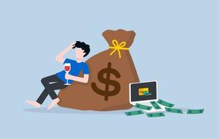 Success in online business or electronic commerce, passive income concept. Relaxed young man sipping wine and leaning against money bag while many banknotes coming out of laptop screen.