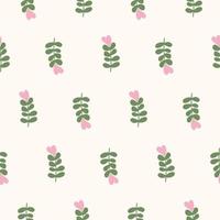 Floral pattern. Green plants with a pink flower on a pattern. Flower heart. vector