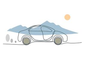 Minimalist design of car drawn by hand in continous line.  Driving in the desert illustration vector