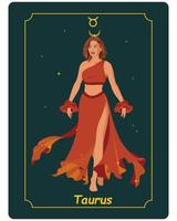 Taurus zodiac sign, a beautiful magical woman in a fiery dress with the moon on a dark background with stars. Poster, illustration, tarot vector