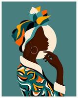 African woman in a colorful national headdress and dress. Illustration, poster, wall art, vector
