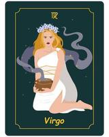 Virgo zodiac sign, a beautiful magical woman in a white dress with a magic bowl on a dark background with stars. Astrological poster, illustration, tarot