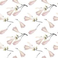 Seamless pattern, branches with pale pink magnolia flowers on a white background. Print, textile, decor for pastel linen, wallpaper