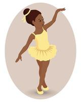 Illustration, a little girl ballerina in a yellow dress and pointe shoes. Dancing girl. Print, clip art, cartoon illustration vector