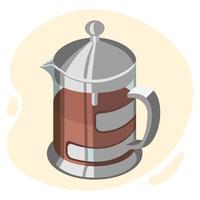Illustration drawn realistic glass and metal coffee pot jug with coffee. Brown-gold colors. Pint, clip art, icon vector