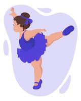 Illustration, little plump girl ballerina in a blue dress and pointe shoes. Girl dancing. Print, clip art, caricature vector