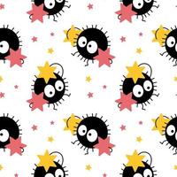 Seamless pattern, funny cute monsters with stars in their hands on a beige background. Print for children, textile, cover, decor for kids bedroom