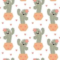Seamless pattern, drawn cute funny cacti with joyful emotions in doodle style. Children's print, textiles, holiday and bedroom decor vector