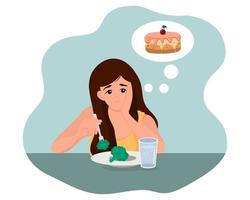 Illustration, a young girl eats broccoli and dreams of a cake. The concept of diet, healthy food. Flat illustration, clip art, vector