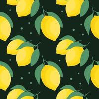 Seamless pattern, colorful yellow lemons with leaves on a black background. Textile, print, wallpaper, decor for the kitchen