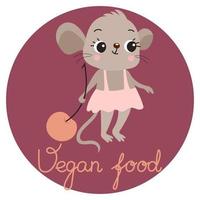 Children's illustration, cute mouse with cherry berry and English text Vegetarian food. Print, postcard, clip art